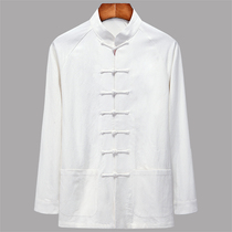 Spring Autumn Middle Aged Long Sleeve White Jersey Linen Tang Dress Mens Shirt Grandpa Dress Big Code Blouse Dad Dress