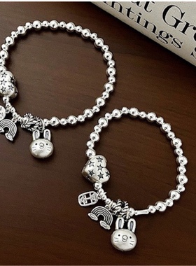 足银s999纯银福字招财竹节兔子手链小众设计女生手饰亲子儿童刻字