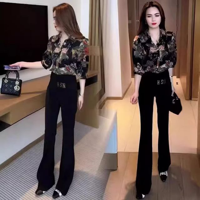 2025 new summer three-quarter sleeve printed chiffon shirt for women, fashionable, age-reducing, flesh-covering, slimming mid-sleeve top