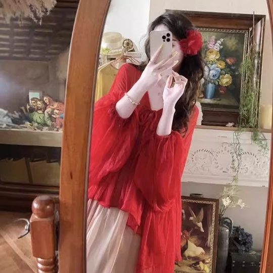 法式度假风红色雪纺衬衫女薄款夏季多巴胺设计感小众微透防晒上衣