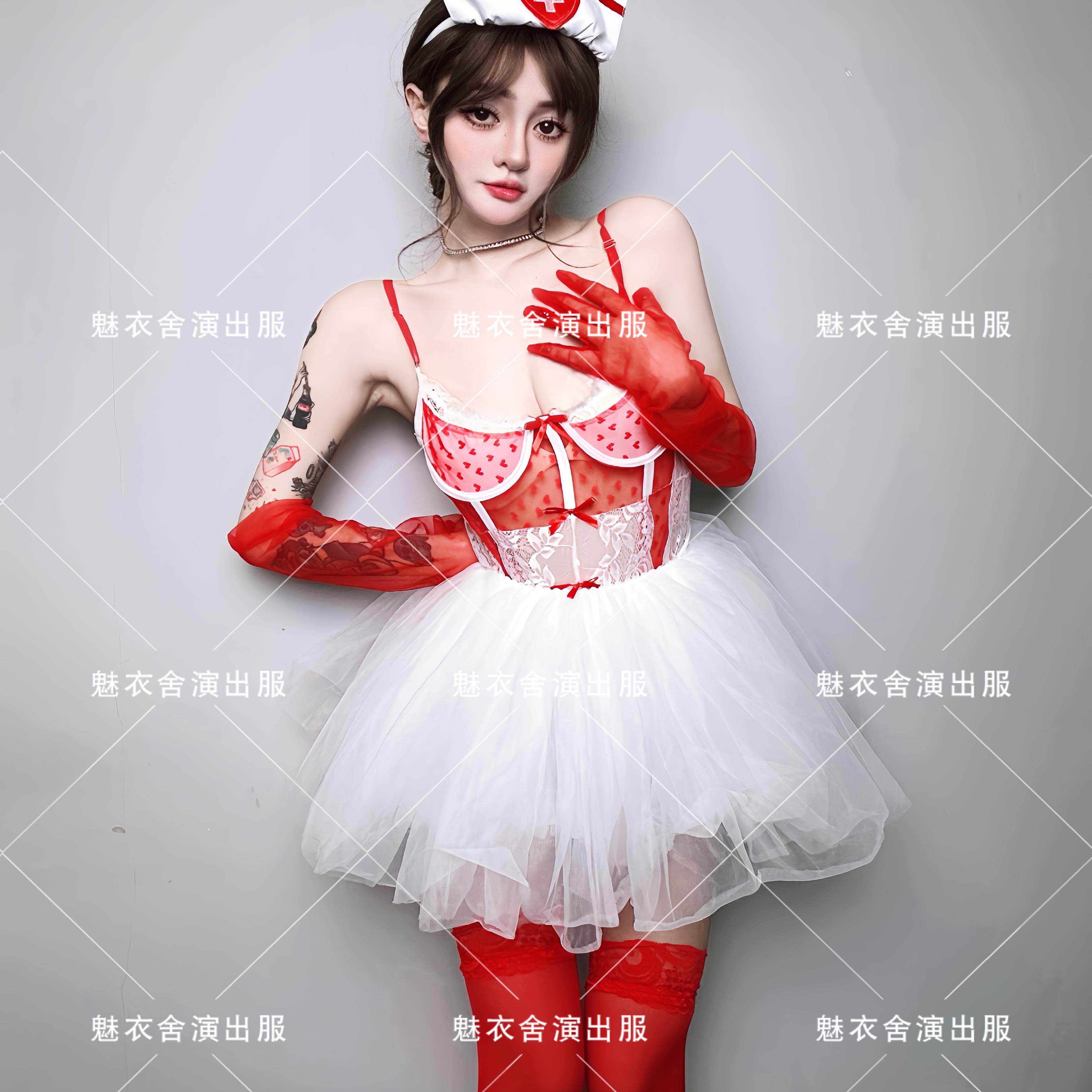 元旦新年情人节酒吧gogo领舞DJDS演出服女性感红白蕾丝连体衣套装