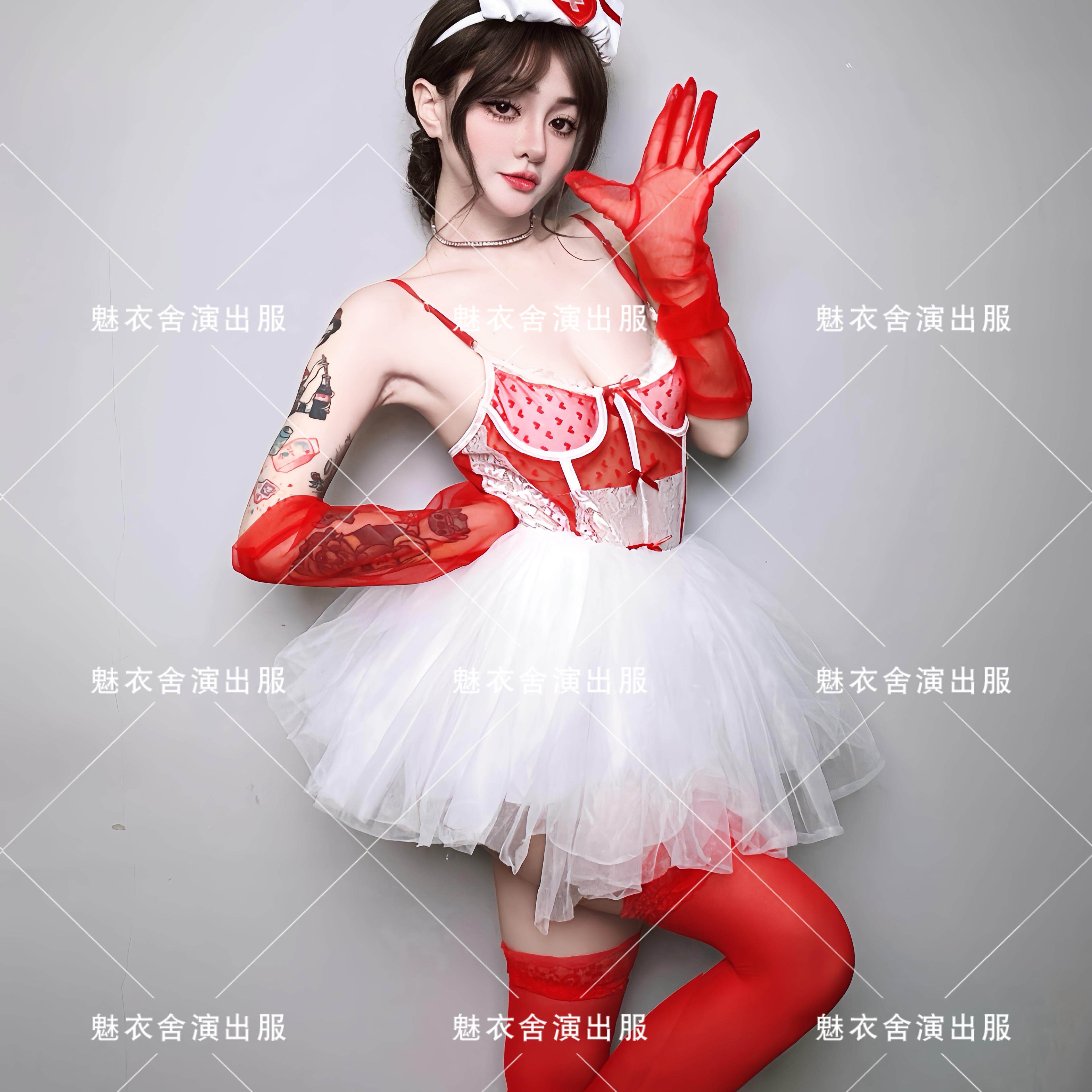 元旦新年情人节酒吧gogo领舞DJDS演出服女性感红白蕾丝连体衣套装