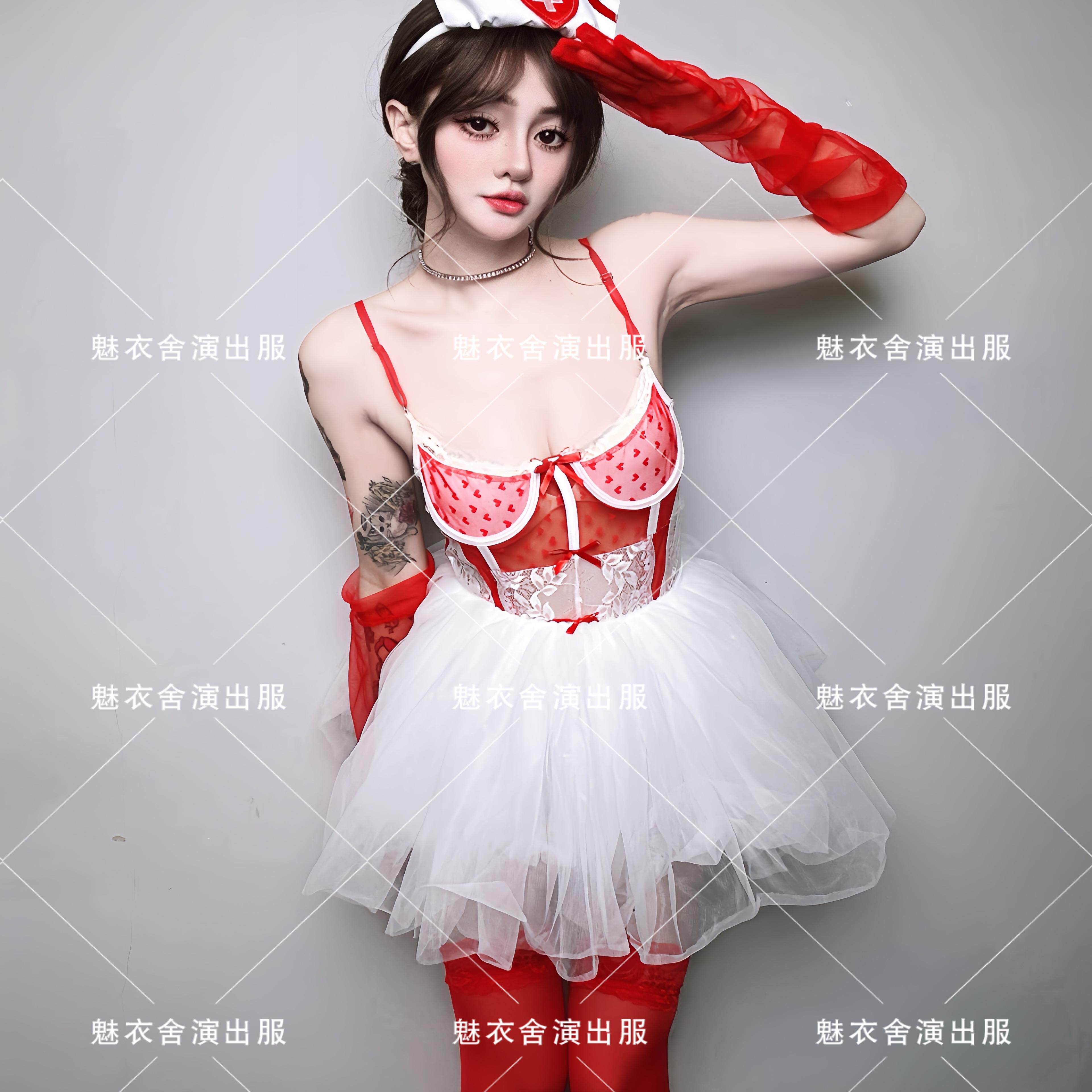 元旦新年情人节酒吧gogo领舞DJDS演出服女性感红白蕾丝连体衣套装