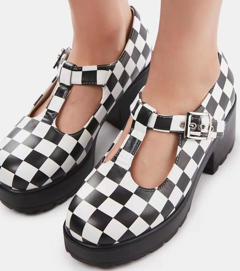 正品KOI松糕鞋子代购美式复古黑白格子色FOOTWEAR鞋少女中跟鞋 - 图0
