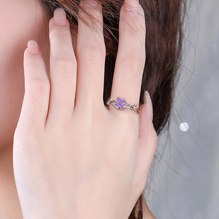 Natural amethyst sterling silver four leaf clover ring