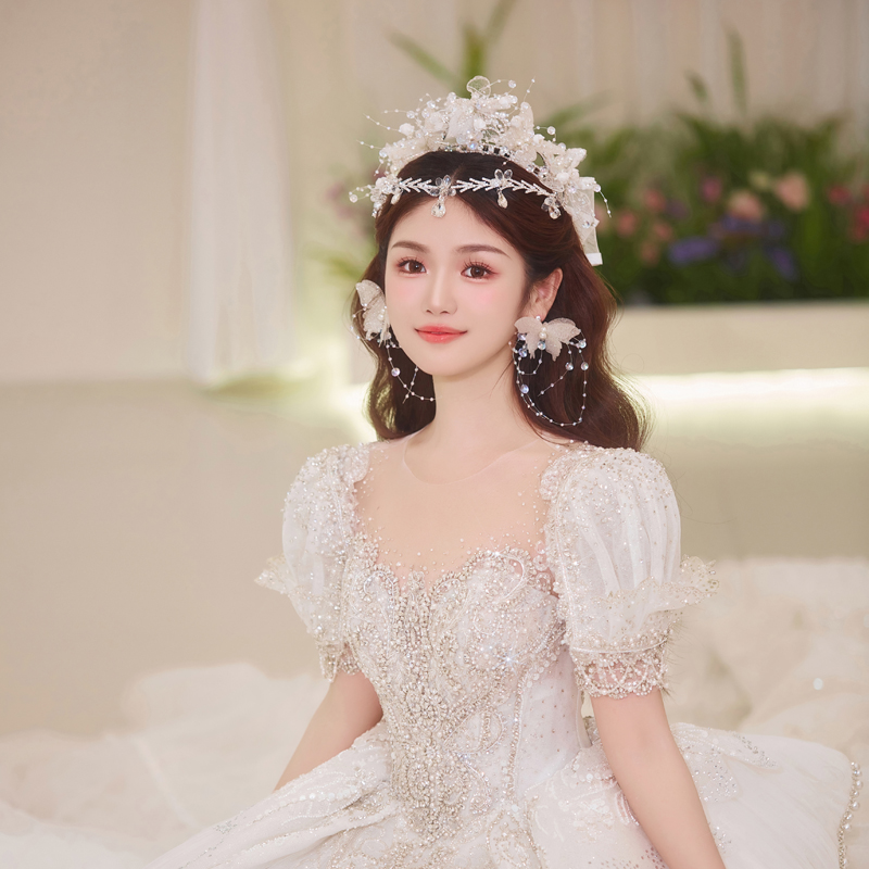 新娘头饰简约皇冠婚纱礼服结婚手工时尚气质蝴蝶结发夹唯美发饰品 - 图1