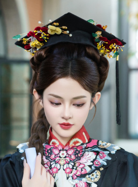中国风学士帽成品簪花仿真花绒花大学生毕业照硕士帽拍照写真礼帽