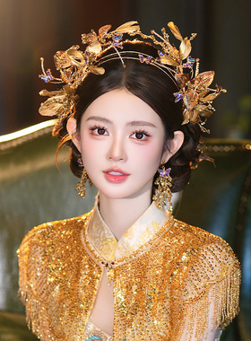 新娘发饰复古金色羽毛蝴蝶圣女双层发箍敬酒服龙凤褂古典时尚配饰