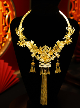 2026新款全金色奢华重工古典凤凰花朵流苏锦鲤龙凤褂喜字项圈配饰