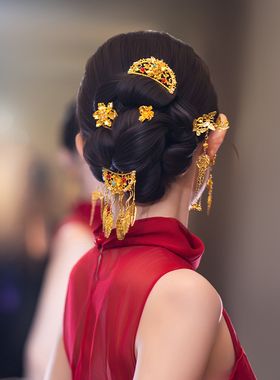 新中式新娘金色后区复古头饰订婚礼服高级感结婚造型手工国风发饰