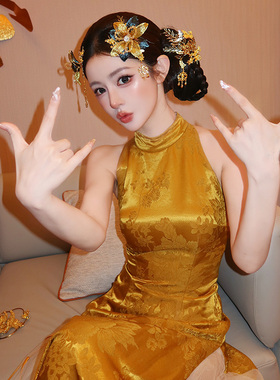 蓝金网纱花朵新中式新娘复古盘发发梳旗袍秀禾出门婚礼跟妆发饰品