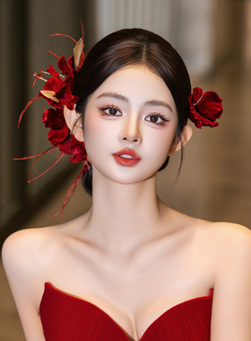 新中式新娘头饰敬酒服订婚红色系手作羽毛花朵高级感国风减龄发饰