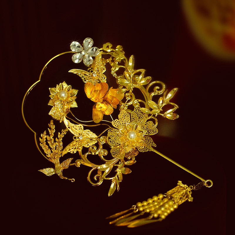 新娘配饰金色手工团扇秀禾服龙凤褂结婚配饰扇子精致古风道具喜扇,淘宝优惠券,粉丝福利购,淘宝优惠卷