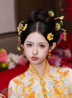 中式新娘发饰新款金绿色葫芦流苏发簪秀禾结婚龙凤褂百搭精致头饰