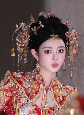 中式婚礼手工造液花浅色系凤钗古装发饰复古汉服新娘传统头饰套装