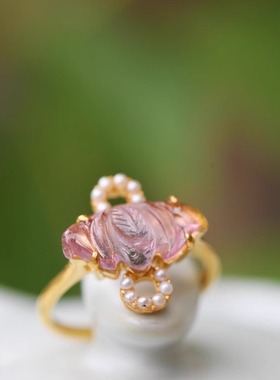 陶乐溪新中式珠宝 国潮 老碧玺蝙蝠珍珠18K金小戒指【福在眼前】