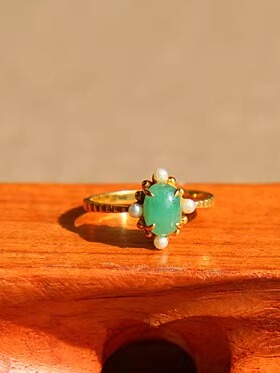 陶乐溪艺术珠宝 秀气的欧洲古董款 天然祖母绿珍珠18K金戒指