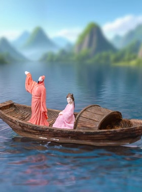 微景观漂浮木船古装情侣公仔摆件