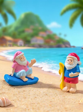 夏日冲浪圣诞老人沙滩微景观摆件