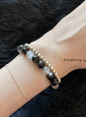 SoBerry「冰岛黑沙」 天然银黑曜石水晶手串清冷感设计黑发晶手链