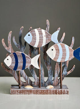 地中海风装饰鱼摆件木制小鱼鱼珊瑚立体样板房软装电视柜摆台摆设
