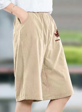 纯棉麻裤子女夏季新款2023中年妈妈简约百搭纯棉休闲过膝六分裤子