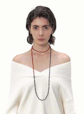 Fanciegarden 925纯银天然红黑石珍珠长款叠戴项链