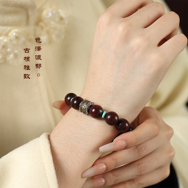 进口小叶紫檀手串藏银金刚杵轴承可转动转运珠单圈手链文玩木珠手 - 图2