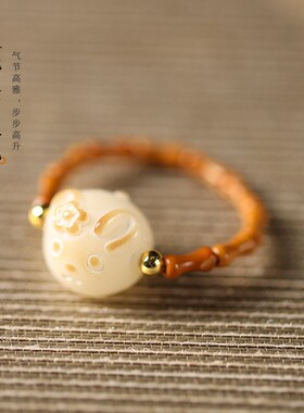 进口新中式森系橄榄核竹节【节节高升】搭配菩提雕财猫九尾狐精美