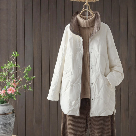 Korean style mid-length stand-up collar thin down jacket makes you look thin