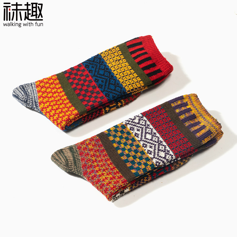 咔叽男ins潮秋冬民族风复古中筒袜 袜趣短袜/打底袜/丝袜/美腿袜