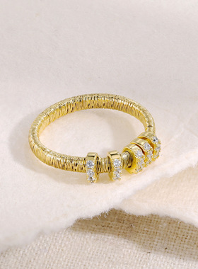 意大利金弦线拉丝镶钻戒指女小众设计轻奢高级感指环叠戴个性指戒