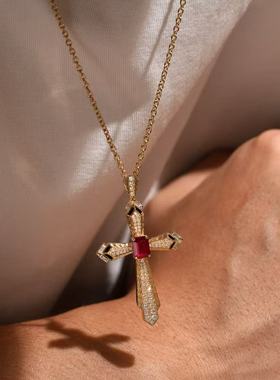 1.0CT培育红宝石十字架雕花项链欧美热销跨境嘻哈潮男女同款情侣