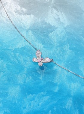 925银渐变满钻蝴蝶项链轻奢小众 原创新品粉钻蝴蝶项链配饰女