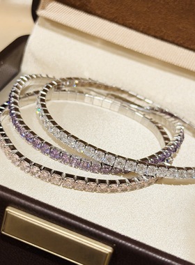 S925纯银 弹力圈彩钻手链网球手链轻奢百搭小众粉钻紫钻白钻