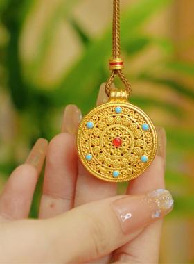 新中式国潮风 珐琅彩镂空花丝四合如意圆满罗盘吊坠项链