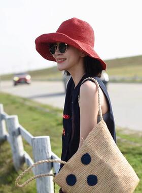 红色女夏大檐防晒可折叠渔夫帽