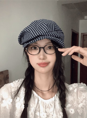 日系文艺复古条纹八角帽子女夏季棉麻透气贝雷帽百搭显脸小报童帽