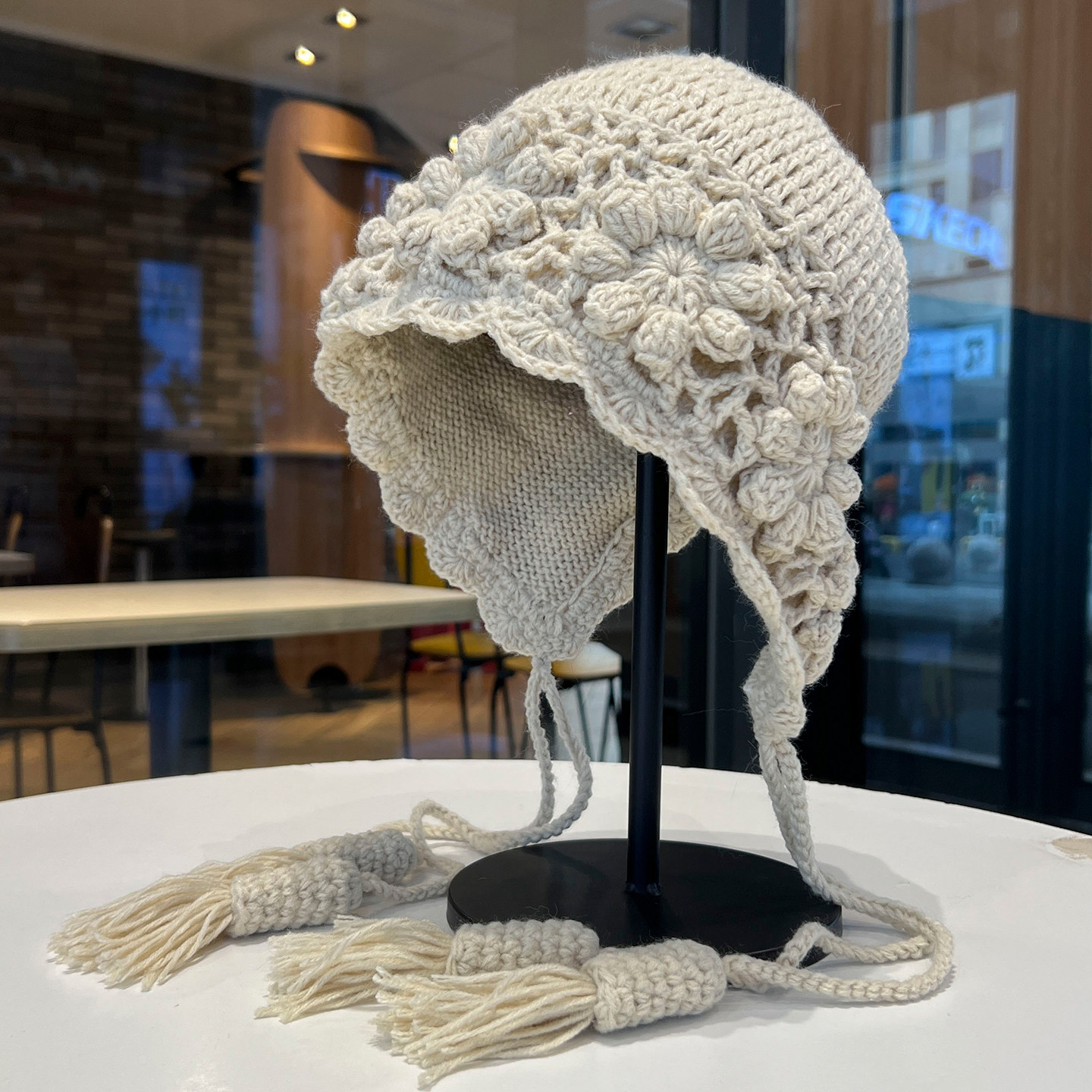 新款红色镂空针织帽子女秋冬旅行拍照显脸小包头帽流苏手工毛线帽,淘宝优惠券,粉丝福利购,淘宝优惠卷