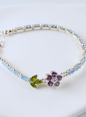 阅微雅记海蓝宝色猫眼手链紫色小花设计师手串手链