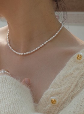 2024新款天然小珍珠淡水5-6mm项链锁骨链925纯银米型微瑕配饰脖颈