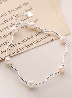 2024新款S925纯银扭曲银管珍珠手链ins风时尚百搭气质手环小众