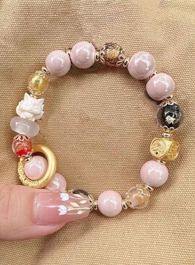 灰粉瓷珠手串跑环九尾狐狸转运珠