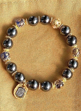 黑色瓷珠蓝金箔扎基拉姆手链