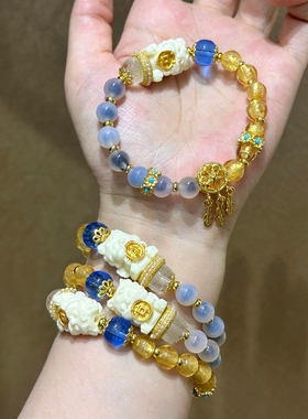 北京雍香灰白糖心金箔手串半糖九尾狐粉瓷招财猫手链法物流通处