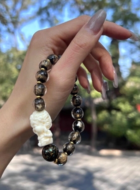 金箔琉璃黑色文玩大黑天手链