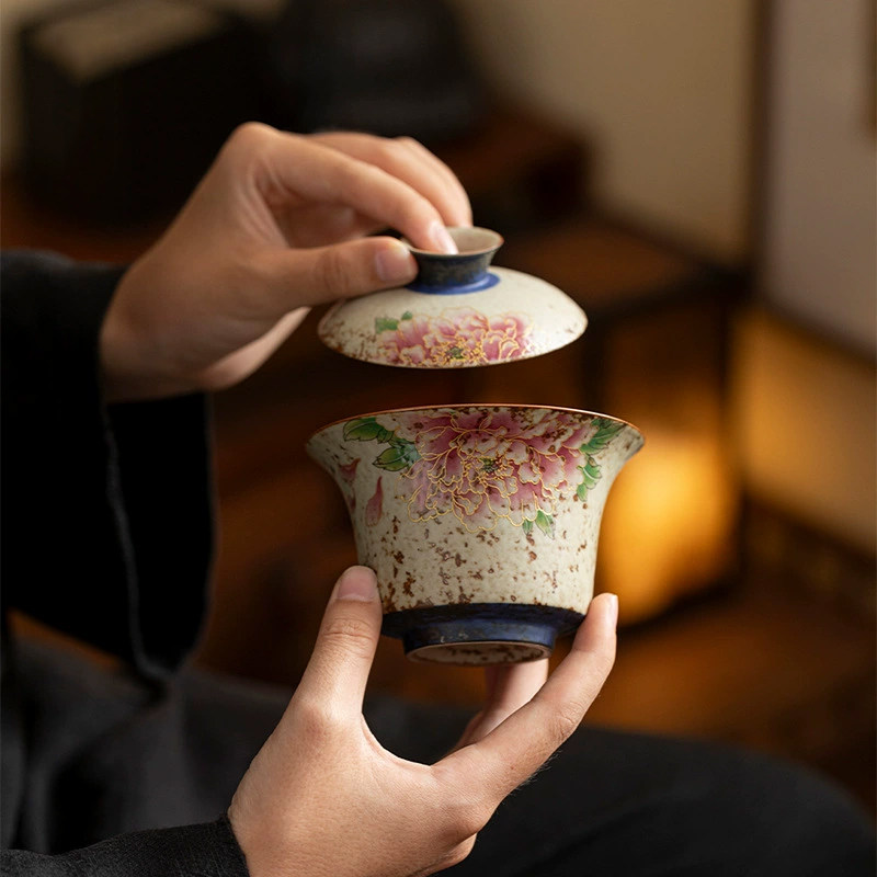 中式复古青花火石红牡丹马蹄三才盖碗家用陶瓷单个带盖防烫泡茶碗,淘宝优惠券,粉丝福利购,淘宝优惠卷