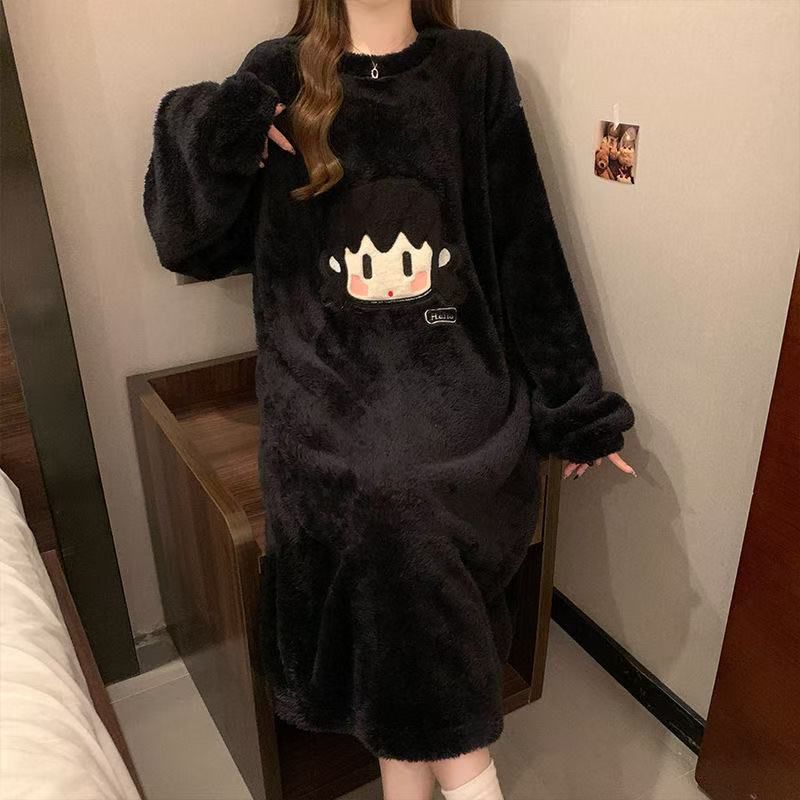 长袖睡裙女秋冬季加绒休闲大码薄款珊瑚绒长款过膝裙子家居服冬天 - 图0