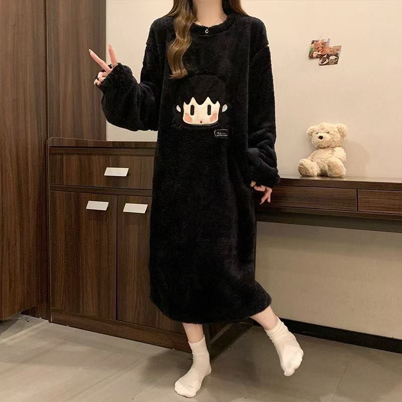 长袖睡裙女秋冬季加绒休闲大码薄款珊瑚绒长款过膝裙子家居服冬天 - 图1