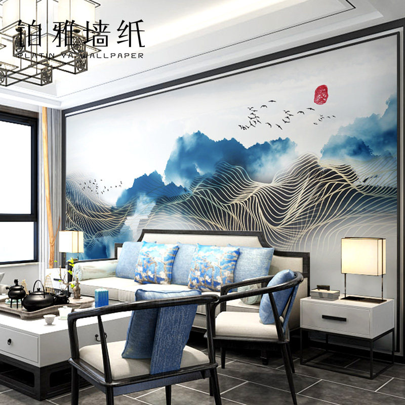 新中式抽象金色山水画背景墙布无缝客厅卧室电视背景壁布2023新款_虎窝淘